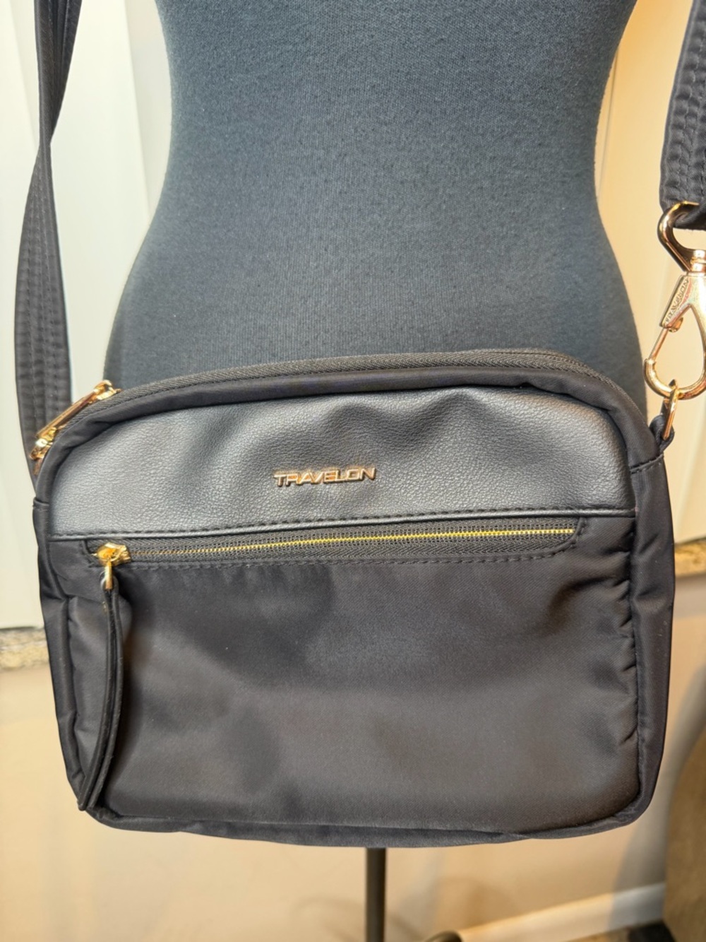 Travelon Black Crossbody Messenger Bag with Gold Accents Anti Theft